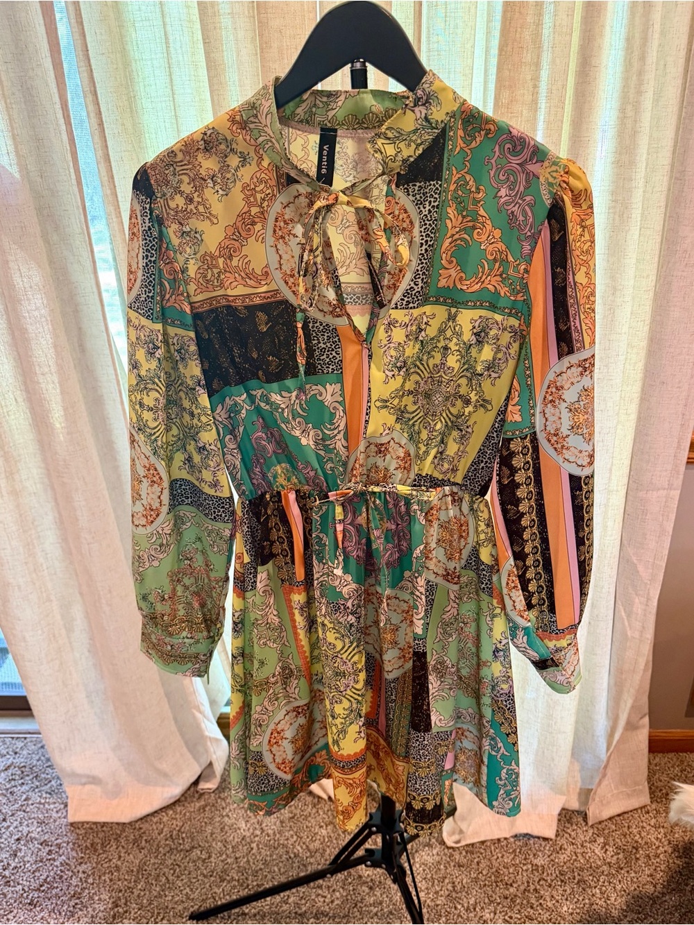 Printed Patchwork Long Sleeve Dress in Green & Yellow